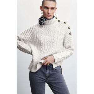 Mango Buttoned Knit Braided Sweater Ecru Size M